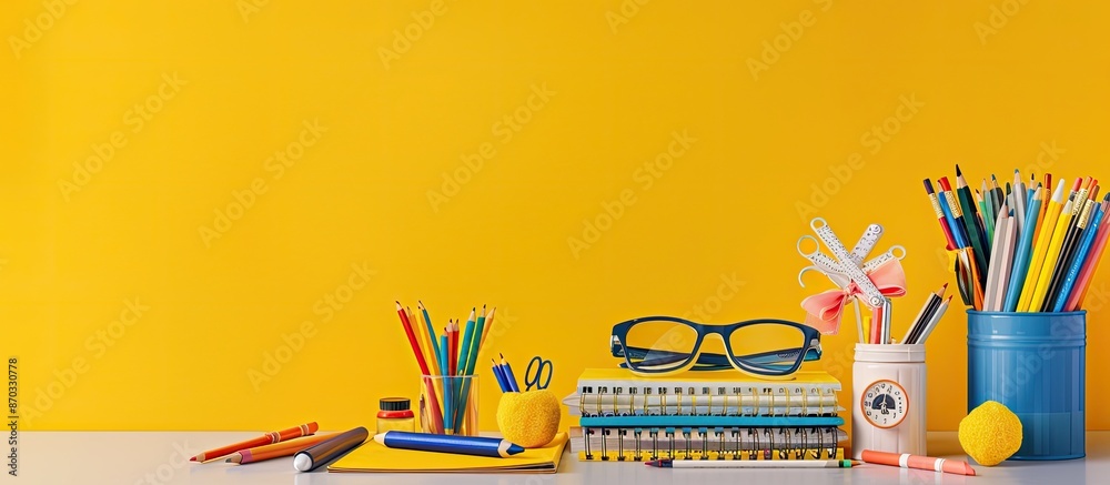 Poster back to school scene with various school supplies displayed on a white table, set against a yellow b