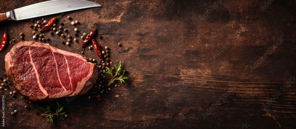 Poster a rustic background showcasing a seasoned cowboy steak on a knife, with plenty of copy space for any