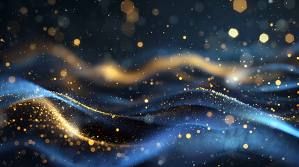 Abstract background with golden glowing particles on dark blue ripples
