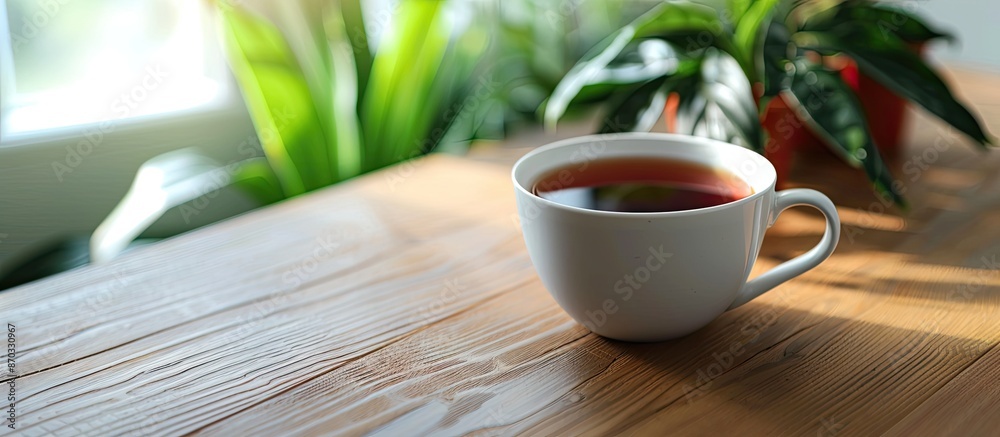 Poster Office table with a cup of tea as the focal point in the copy space image.