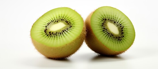 Fototapeta premium Two fresh green kiwis with a white backdrop, showing the fruit known as kiwifruit or Chinese gooseberry, along with available copy space image.