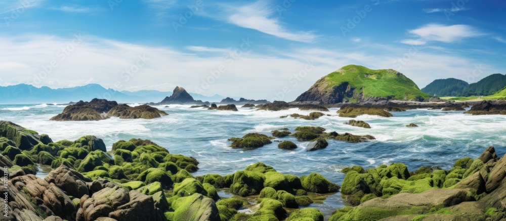 Aufkleber scenic ocean view with waves hitting mossy rocks, displaying the serene beauty with ample copy space