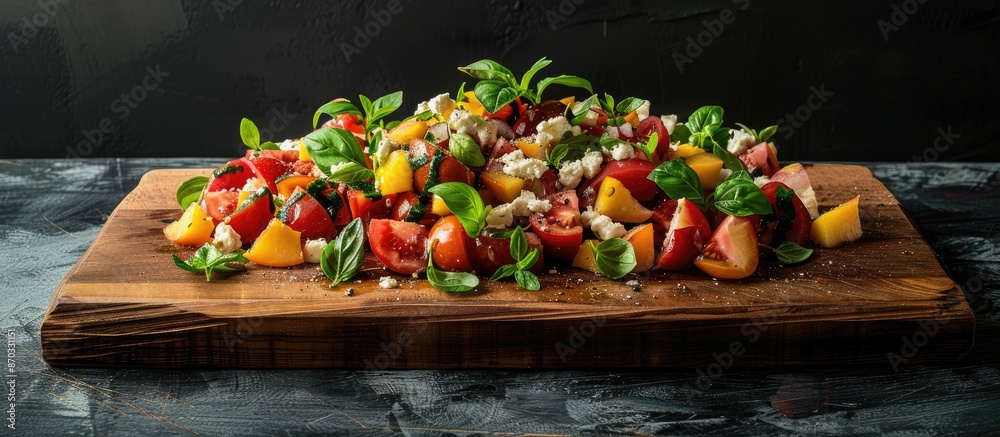 Aufkleber tomato peach salad with basil and goat cheese displayed on a wooden board against a black background