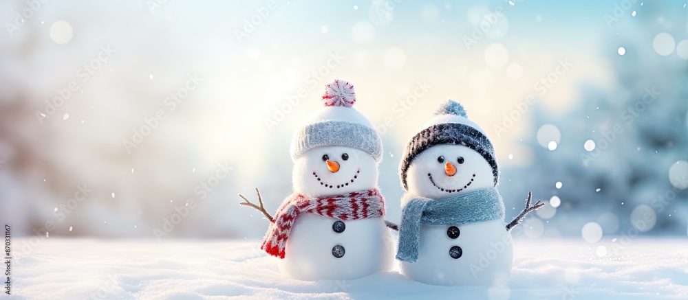 Poster holiday greeting card with two joyful snowmen in a snowy winter scene with copy space image.