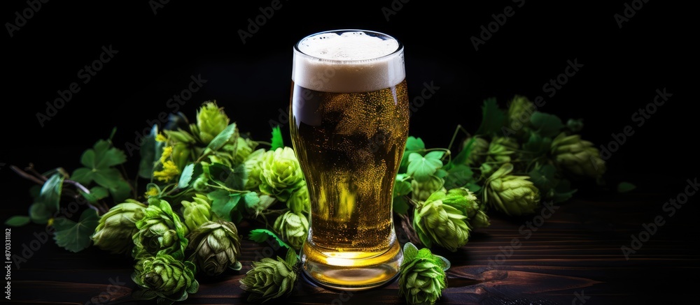 Poster top view of a glass of light beer with green hops on a black table, providing ample copy space image