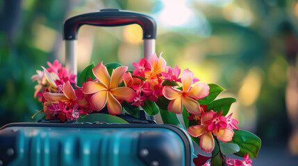 A colorful Hawaiian lei made of plumeria flowers adorns a blue suitcase, symbolizing a tropical vacation and the excitement of travel