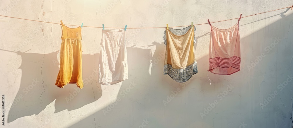 Poster Different clothes drying on laundry line against light background. with copy space image. Place for adding text or design