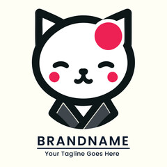 Traditional Japanese inspired cat logo featuring a cat with traditional attire and a distinct red circle on its head