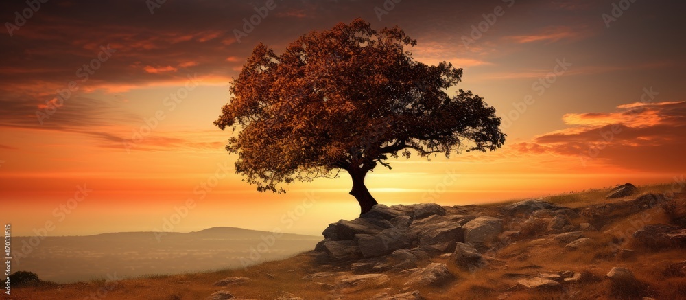 Aufkleber Sunset scene on a hillside with a tree, providing ample copy space image.