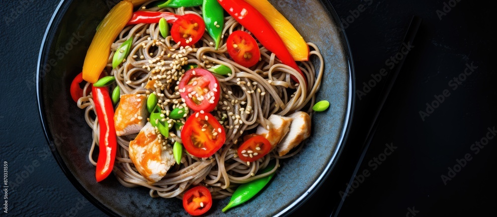Poster top-down view of a grey bowl containing japanese buckwheat soba noodles with chicken, carrots, bell 