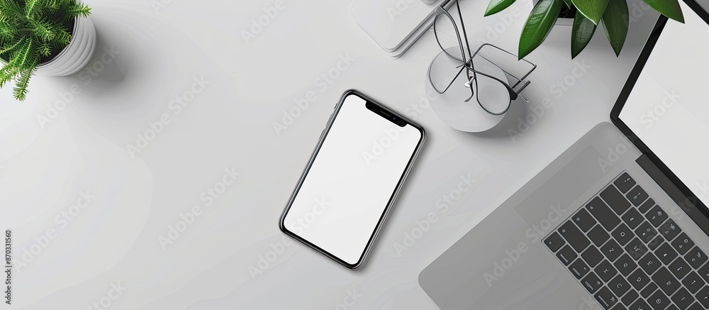 Aufkleber minimal workspace with smartphone and laptop on a white desk seen from above, featuring a blank scre