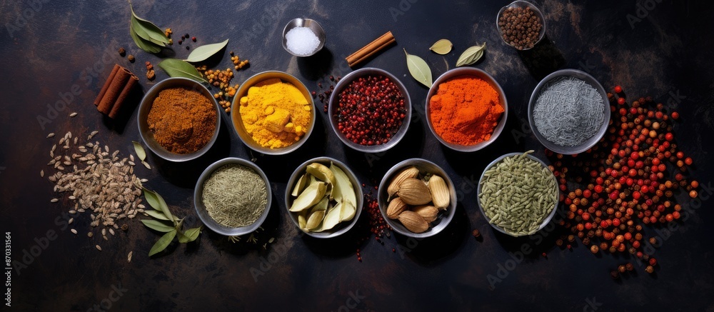 Poster Top view horizontal image featuring a selection of spices displayed in glass bowls on a dark stone backdrop, with ample copy space.