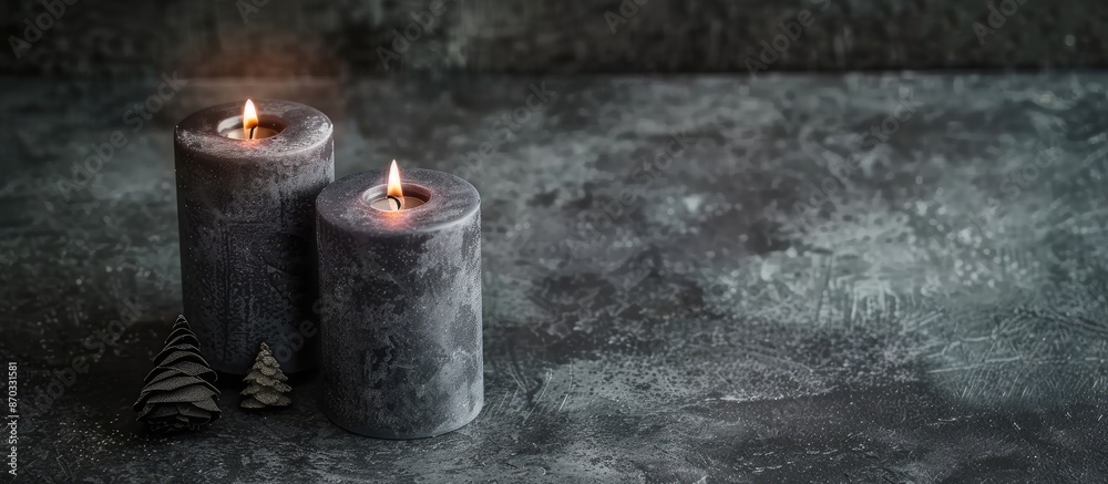 Poster Decorative candles on the table. Two gray cone candles. with copy space image. Place for adding text or design