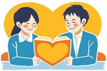 Two people sharing a heart symbol representing love connection and friendship in a warm and joyful illustration