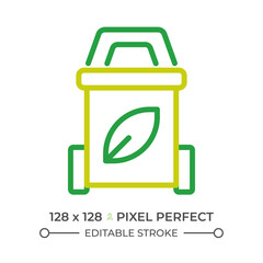 Waste sorting two color line icon. Trash bin and leaves bicolor outline symbol. Trash segregation. Waste disposal and recycling. Duotone linear pictogram. Isolated illustration. Editable stroke