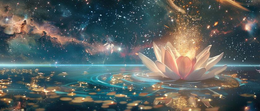 The brilliant petals of the heavenly lotus flower shone with heavenly light in its radiance releasing streams of golden pollen into the vast cosmic expanse filled with  backdrop of stars and galaxies