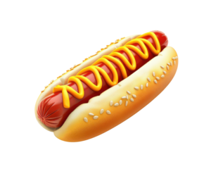 Delicious hot dog with mustard and sesame seed bun, isolated on white background. Perfect for food, snack, and fast food themes.