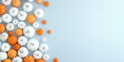 A flat lay image of white and orange pumpkins arranged along the left side of a blue background