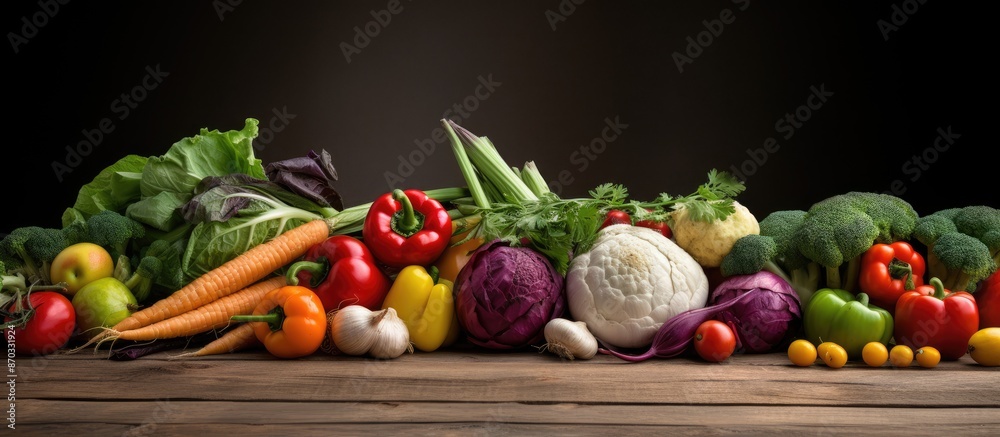 Aufkleber Various vegetables arranged on a rustic wooden surface for a food-themed image with space for text. with copy space image. Place for adding text or design