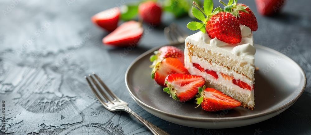 Leinwandbilder a cream slice cake is elegantly presented on a plate with fresh strawberries, a fork beside it, in a