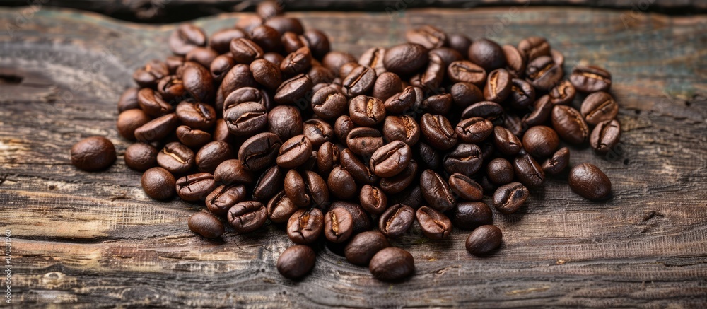 Poster Coffee beans roasted and arranged in a heart shape on a wooden surface with a copy space image.