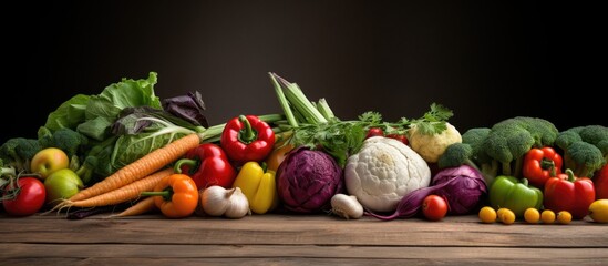 Various vegetables arranged on a rustic wooden surface for a food-themed image with space for text. with copy space image. Place for adding text or design