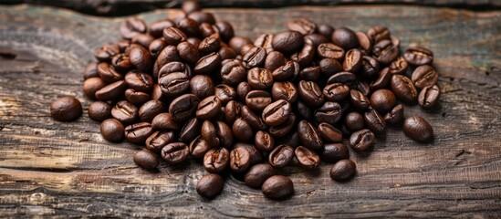 Fototapeta premium Coffee beans roasted and arranged in a heart shape on a wooden surface with a copy space image.