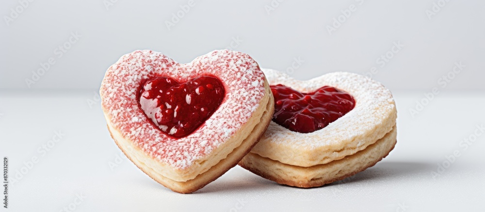 Aufkleber Copy space image featuring heart-shaped homemade shortbread filled with raspberry jam on a light gray backdrop.