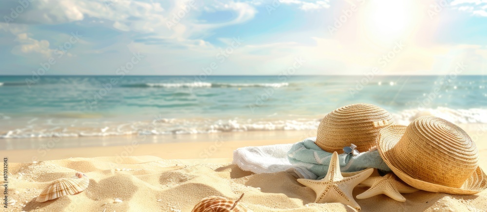 Aufkleber Sandy beach with summer essentials like a sun hat, bag, and towel. Summer-themed background with room for text or image insertion. with copy space image. Place for adding text or design