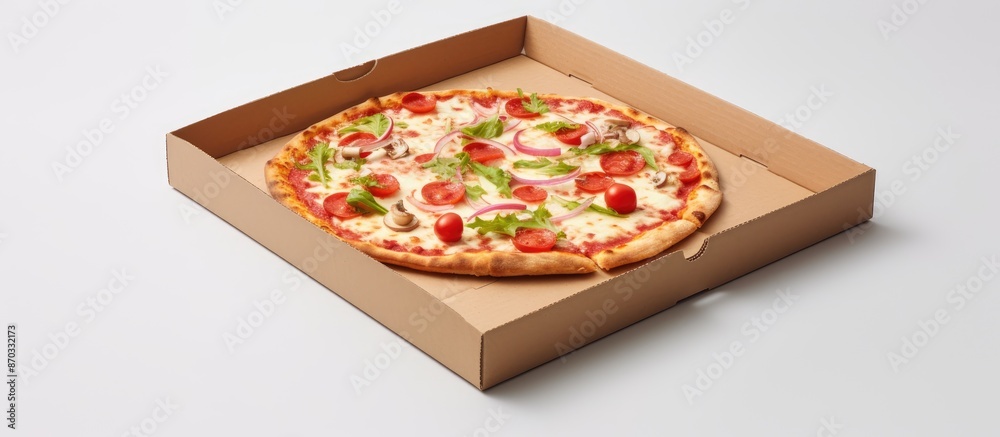 Poster a pizza box shown in a close-up view against a white backdrop, with copy space image.