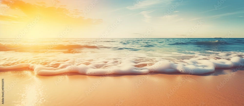 Poster abstract background of a beach at sunset with blurred tropical elements and bokeh sun light waves, i