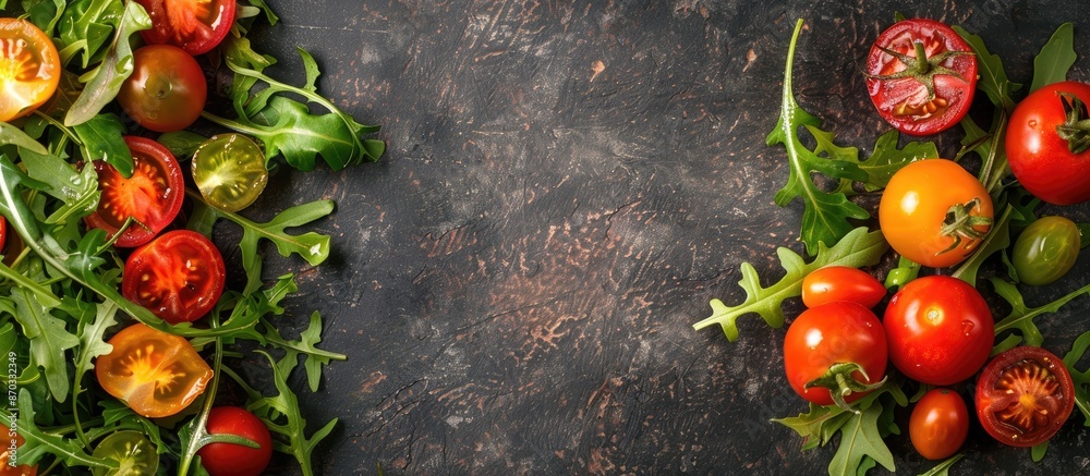 Aufkleber An aerial view of a mix of various tomatoes with arugula leaves, creating a fresh and healthy summer dish, presented with copy space image.