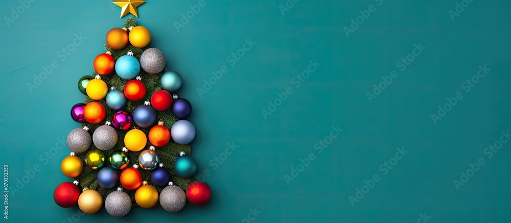 Aufkleber Overhead view of a Christmas tree crafted from colorful handmade ball ornaments on a colorful backdrop, with empty space for text in a minimalist New Year theme. with copy space image