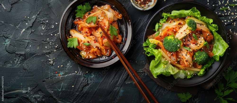 Poster flat lay composition of homemade organic korean kimchi salad on a dark table with chopsticks, showca