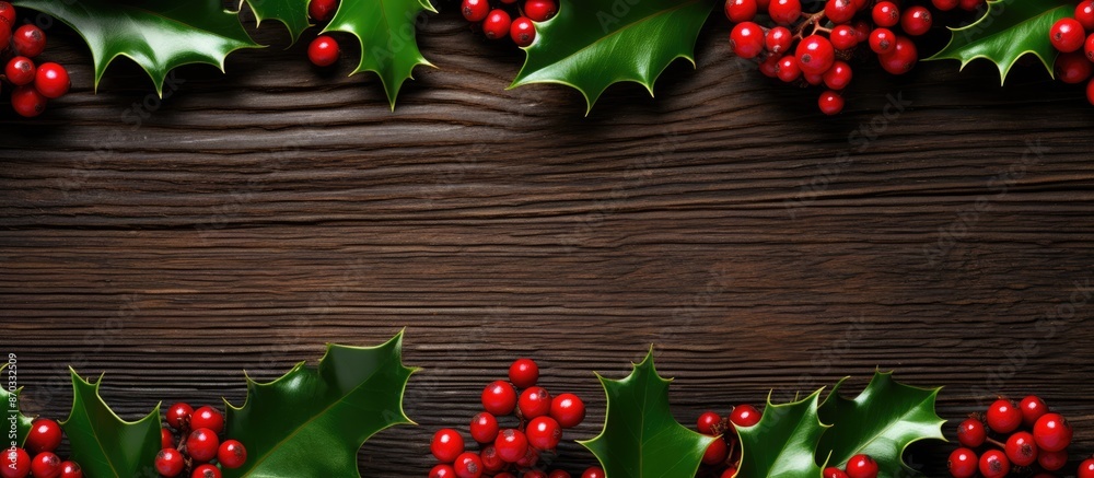 Poster botanical festive flat lay top view with red holly berries and green branches on a white background 