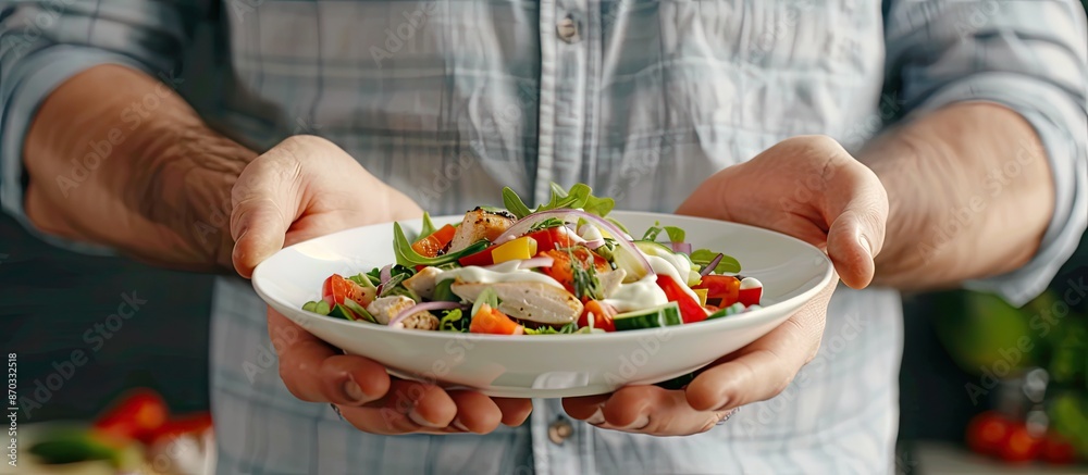 Aufkleber A man displaying a nutritious chicken salad with vegetables and yogurt dressing, highlighting the concept of healthy eating, against a backdrop with room for additional content or text.