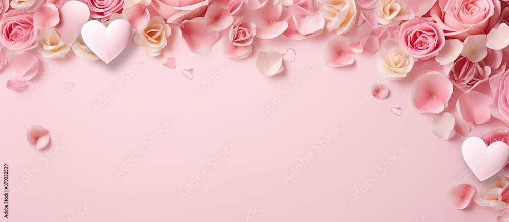 Poster valentine's day background with a frame created from rose flowers and confetti on a pink backdrop, e