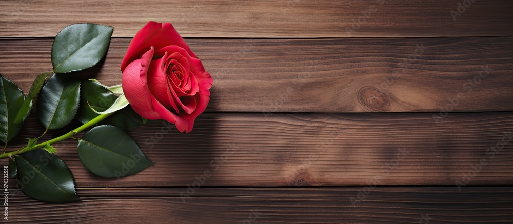 Poster Valentine's Day background with a rose on a wooden surface, creating a beautiful copy space image.