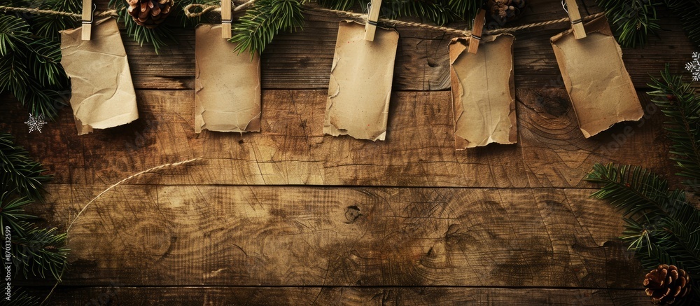 Poster Rustic Christmas-themed copy space image with vintage paper on clothespins against a wooden background adorned with decorations.