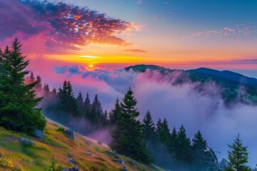 Colorful sunrise on forested mountain slope with fog