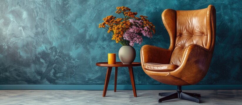 Retro tan leather chair and side table with flowers interior. Copy space image. Place for adding text or design