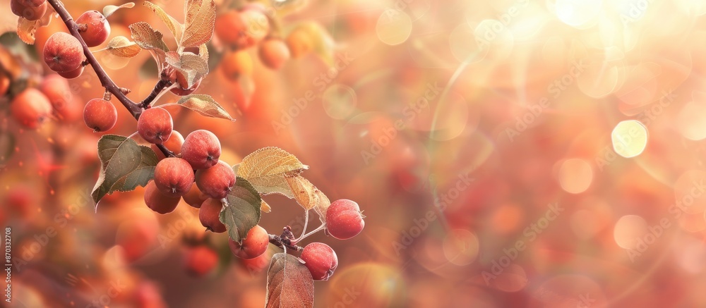 Poster Autumn-themed banner featuring a branch of a native apple tree with small red fruits on a blurred background for a copy space image.