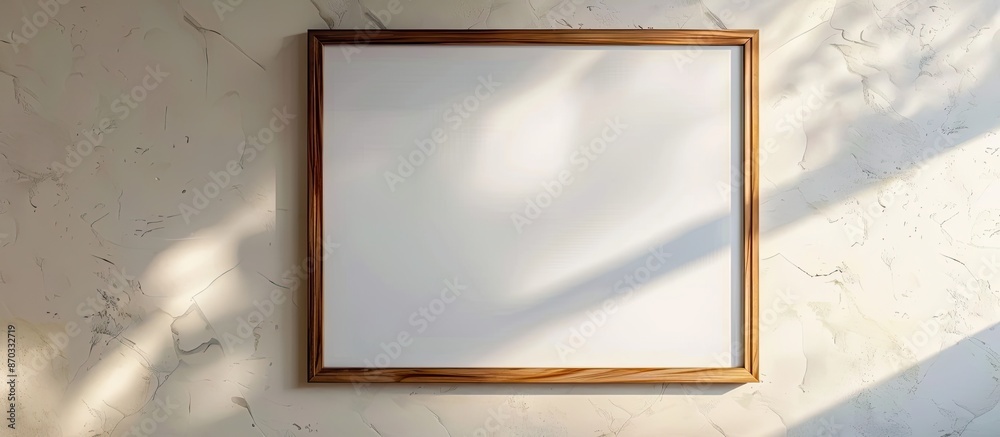 Poster Wooden frame with blank sheet of paper on light wall. Copy space. Mock up concept