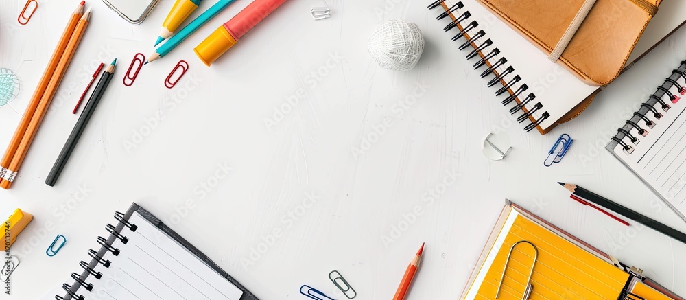 Poster A flat lay setup with notebooks, pencils, binders, and various stationery items on a white background. The image includes copy space, showcasing a creative workspace theme for the back-to-school