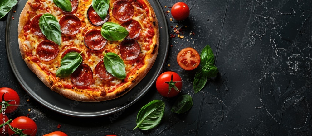 Aufkleber a delicious pepperoni pizza displayed with fresh tomatoes and basil on a stylish black background. t