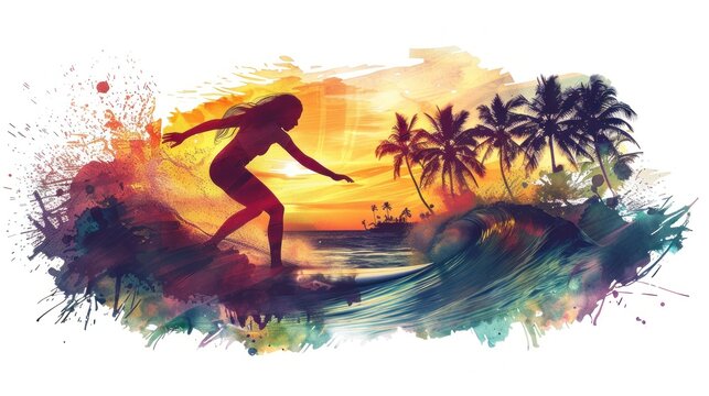 Woman surfing at sunrise with palm trees nearby