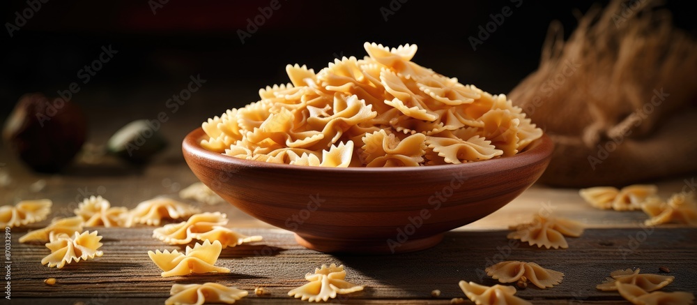 Poster farfalle pasta, made from durum wheat, creates a delightful meal or snack displayed on the table wit