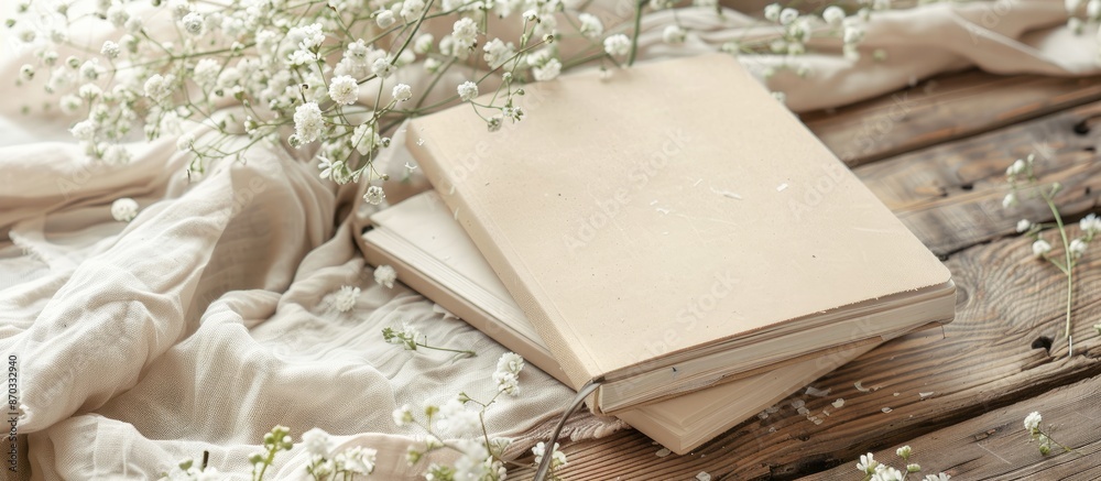 Aufkleber Close-up view of a notebook on a wooden table with beige sheets and gypsophila flowers nearby, ideal for a mockup with ample copy space image against a soft pastel background.