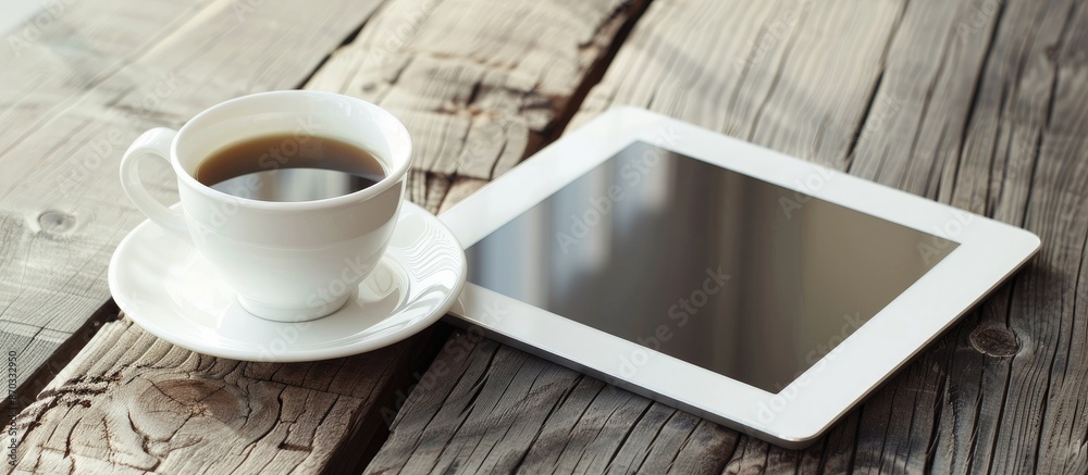Poster Office desk with a tablet PC placed next to a white coffee cup, showing an empty space for an image. with copy space image. Place for adding text or design