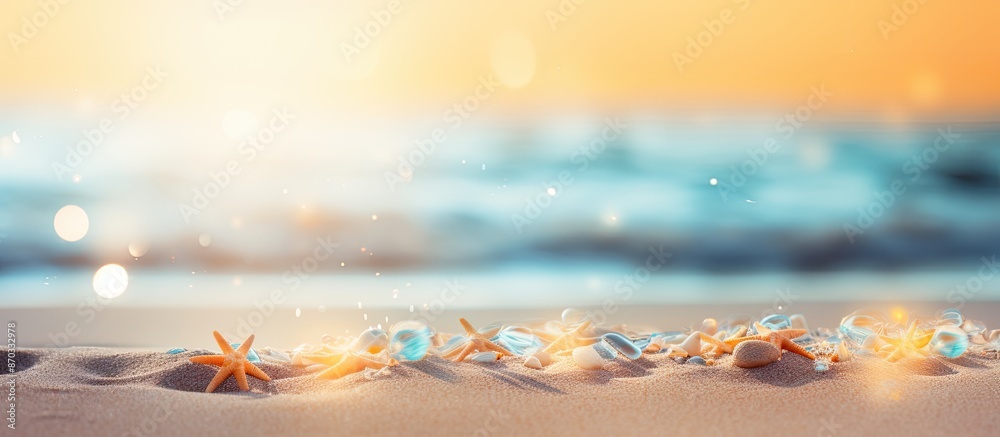 Poster Copy space image of a sunlit abstract beach scene with blurred effect and bokeh lights in the background.